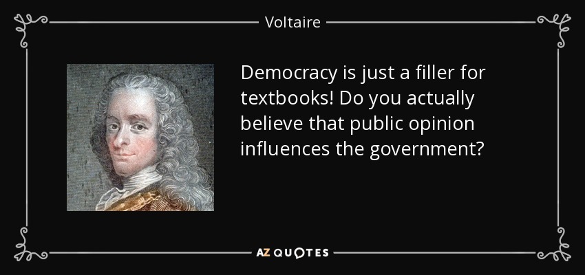 Democracy is just a filler for textbooks! Do you actually believe that public opinion influences the government? - Voltaire