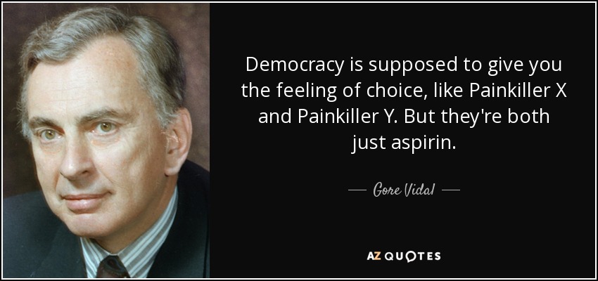 Democracy is supposed to give you the feeling of choice, like Painkiller X and Painkiller Y. But they're both just aspirin. - Gore Vidal