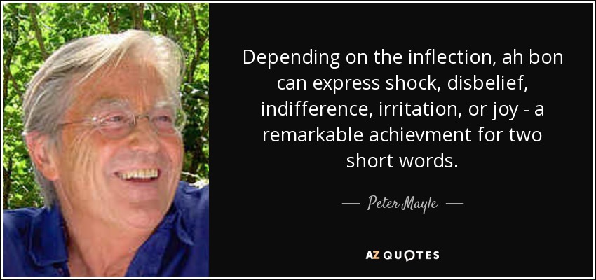 Depending on the inflection, ah bon can express shock, disbelief, indifference, irritation, or joy - a remarkable achievment for two short words. - Peter Mayle