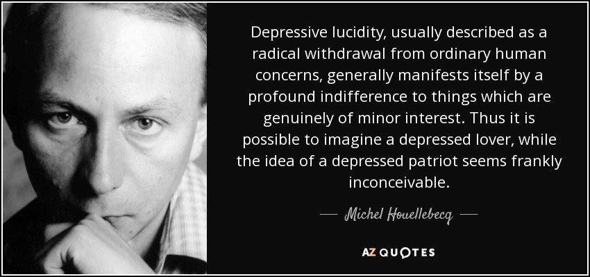 Depressive lucidity, usually described as a radical withdrawal from ordinary human concerns, generally manifests itself by a profound indifference to things which are genuinely of minor interest. Thus it is possible to imagine a depressed lover, while the idea of a depressed patriot seems frankly inconceivable. - Michel Houellebecq
