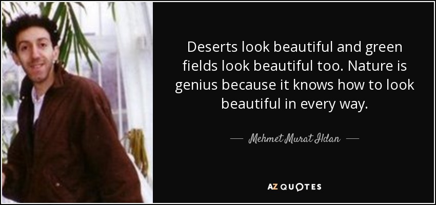 Deserts look beautiful and green fields look beautiful too. Nature is genius because it knows how to look beautiful in every way. - Mehmet Murat Ildan