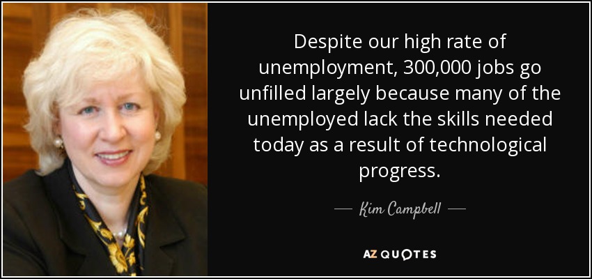 Despite our high rate of unemployment, 300,000 jobs go unfilled largely because many of the unemployed lack the skills needed today as a result of technological progress. - Kim Campbell