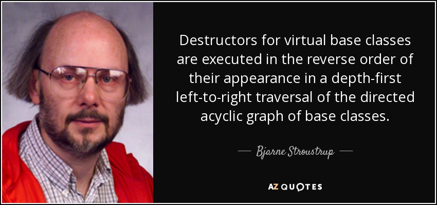 Destructors for virtual base classes are executed in the reverse order of their appearance in a depth-first left-to-right traversal of the directed acyclic graph of base classes. - Bjarne Stroustrup