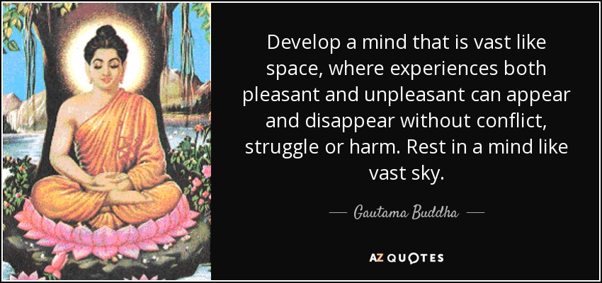 Develop a mind that is vast like space, where experiences both pleasant and unpleasant can appear and disappear without conflict, struggle or harm. Rest in a mind like vast sky. - Gautama Buddha