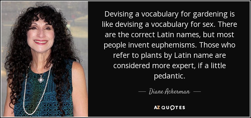 Devising a vocabulary for gardening is like devising a vocabulary for sex. There are the correct Latin names, but most people invent euphemisms. Those who refer to plants by Latin name are considered more expert, if a little pedantic. - Diane Ackerman