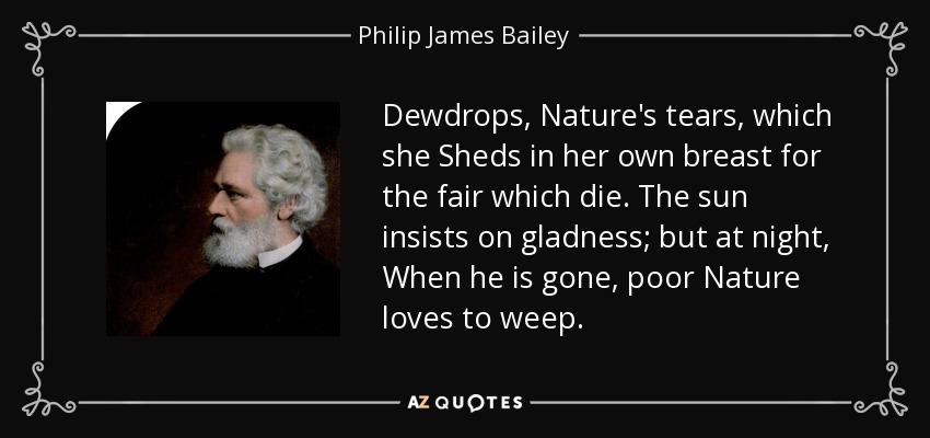 Dewdrops, Nature's tears, which she Sheds in her own breast for the fair which die. The sun insists on gladness; but at night, When he is gone, poor Nature loves to weep. - Philip James Bailey