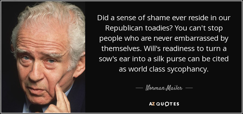 Did a sense of shame ever reside in our Republican toadies? You can't stop people who are never embarrassed by themselves. Will's readiness to turn a sow's ear into a silk purse can be cited as world class sycophancy. - Norman Mailer