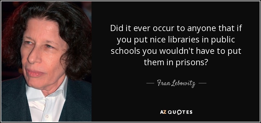 Did it ever occur to anyone that if you put nice libraries in public schools you wouldn't have to put them in prisons? - Fran Lebowitz