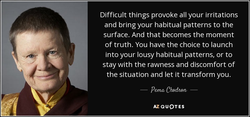 Difficult things provoke all your irritations and bring your habitual patterns to the surface. And that becomes the moment of truth. You have the choice to launch into your lousy habitual patterns, or to stay with the rawness and discomfort of the situation and let it transform you. - Pema Chodron