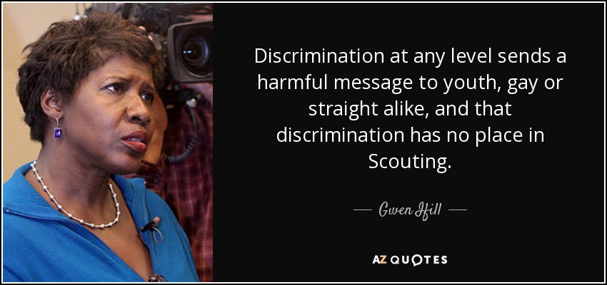 Discrimination at any level sends a harmful message to youth, gay or straight alike, and that discrimination has no place in Scouting. - Gwen Ifill