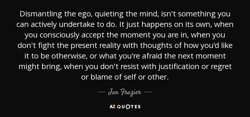 Dismantling the ego, quieting the mind, isn't something you can actively undertake to do. It just happens on its own, when you consciously accept the moment you are in, when you don't fight the present reality with thoughts of how you'd like it to be otherwise, or what you're afraid the next moment might bring, when you don't resist with justification or regret or blame of self or other. - Jan Frazier