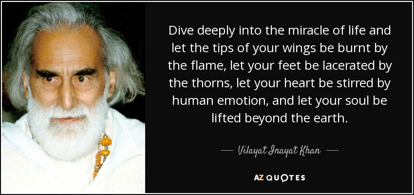 Dive deeply into the miracle of life and let the tips of your wings be burnt by the flame, let your feet be lacerated by the thorns, let your heart be stirred by human emotion, and let your soul be lifted beyond the earth. - Vilayat Inayat Khan