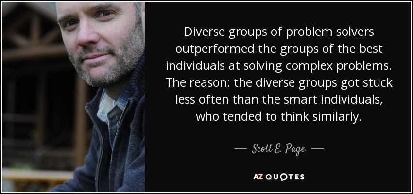 Diverse groups of problem solvers outperformed the groups of the best individuals at solving complex problems. The reason: the diverse groups got stuck less often than the smart individuals, who tended to think similarly. - Scott E. Page