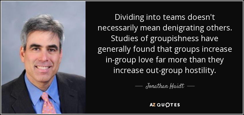 Dividing into teams doesn't necessarily mean denigrating others. Studies of groupishness have generally found that groups increase in-group love far more than they increase out-group hostility. - Jonathan Haidt