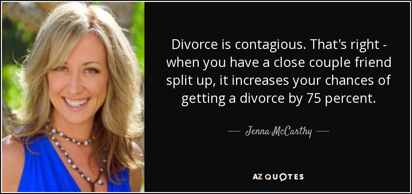 Divorce is contagious. That's right - when you have a close couple friend split up, it increases your chances of getting a divorce by 75 percent. - Jenna McCarthy