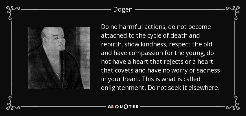 Do no harmful actions, do not become attached to the cycle of death and rebirth, show kindness, respect the old and have compassion for the young, do not have a heart that rejects or a heart that covets and have no worry or sadness in your heart. This is what is called enlightenment. Do not seek it elsewhere. - Dogen