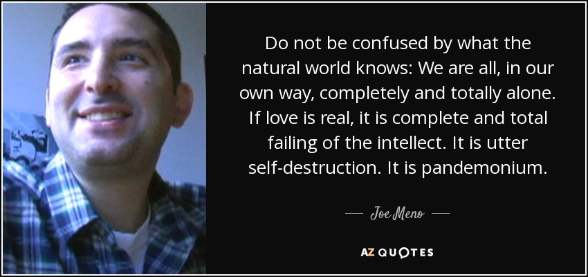 Do not be confused by what the natural world knows: We are all, in our own way, completely and totally alone. If love is real, it is complete and total failing of the intellect. It is utter self-destruction. It is pandemonium. - Joe Meno