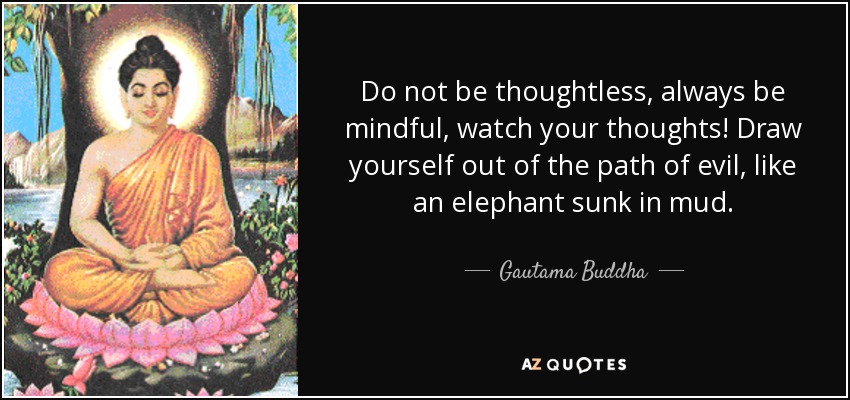 Do not be thoughtless, always be mindful, watch your thoughts! Draw yourself out of the path of evil, like an elephant sunk in mud. - Gautama Buddha