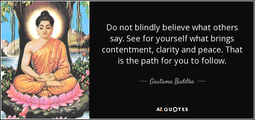 Do not blindly believe what others say. See for yourself what brings contentment, clarity and peace. That is the path for you to follow. - Gautama Buddha