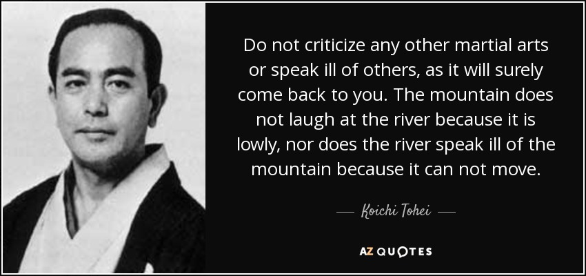 Do not criticize any other martial arts or speak ill of others, as it will surely come back to you. The mountain does not laugh at the river because it is lowly, nor does the river speak ill of the mountain because it can not move. - Koichi Tohei