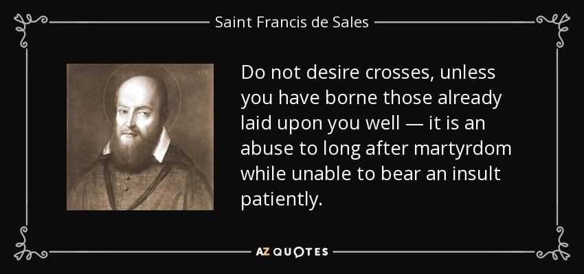 Do not desire crosses, unless you have borne those already laid upon you well — it is an abuse to long after martyrdom while unable to bear an insult patiently. - Saint Francis de Sales