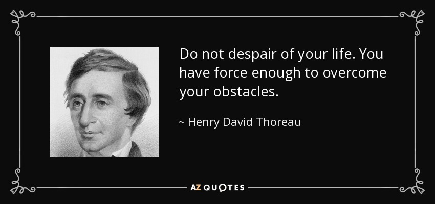 Do not despair of your life. You have force enough to overcome your obstacles. - Henry David Thoreau