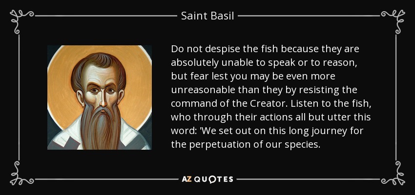Do not despise the fish because they are absolutely unable to speak or to reason, but fear lest you may be even more unreasonable than they by resisting the command of the Creator. Listen to the fish, who through their actions all but utter this word: 'We set out on this long journey for the perpetuation of our species. - Saint Basil