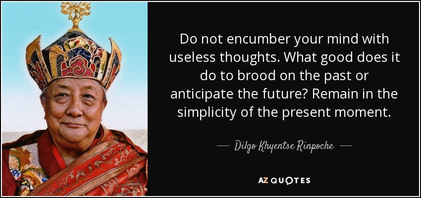 Do not encumber your mind with useless thoughts. What good does it do to brood on the past or anticipate the future? Remain in the simplicity of the present moment. - Dilgo Khyentse Rinpoche