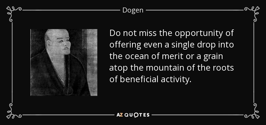Do not miss the opportunity of offering even a single drop into the ocean of merit or a grain atop the mountain of the roots of beneficial activity. - Dogen