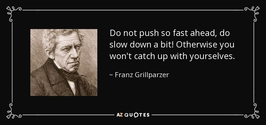 Do not push so fast ahead, do slow down a bit! Otherwise you won't catch up with yourselves. - Franz Grillparzer
