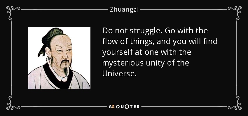 Do not struggle. Go with the flow of things, and you will find yourself at one with the mysterious unity of the Universe. - Zhuangzi