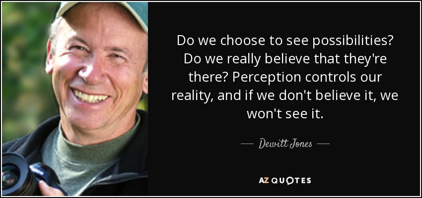 Do we choose to see possibilities? Do we really believe that they're there? Perception controls our reality, and if we don't believe it, we won't see it. - Dewitt Jones