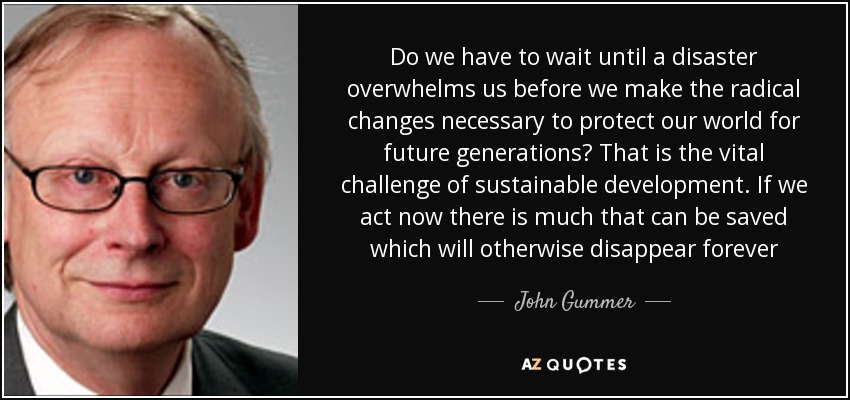 Do we have to wait until a disaster overwhelms us before we make the radical changes necessary to protect our world for future generations? That is the vital challenge of sustainable development. If we act now there is much that can be saved which will otherwise disappear forever - John Gummer