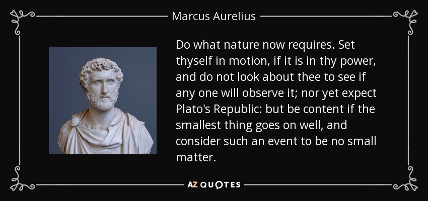 Do what nature now requires. Set thyself in motion, if it is in thy power, and do not look about thee to see if any one will observe it; nor yet expect Plato's Republic: but be content if the smallest thing goes on well, and consider such an event to be no small matter. - Marcus Aurelius