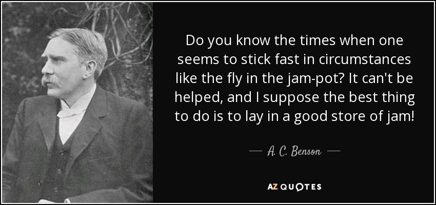 Do you know the times when one seems to stick fast in circumstances like the fly in the jam-pot? It can't be helped, and I suppose the best thing to do is to lay in a good store of jam! - A. C. Benson