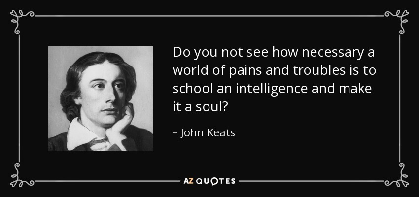 Do you not see how necessary a world of pains and troubles is to school an intelligence and make it a soul? - John Keats