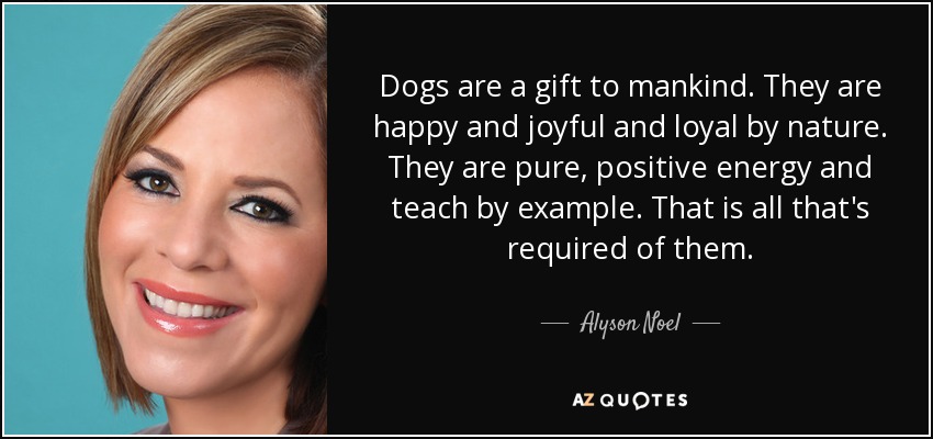 Dogs are a gift to mankind. They are happy and joyful and loyal by nature. They are pure, positive energy and teach by example. That is all that's required of them. - Alyson Noel