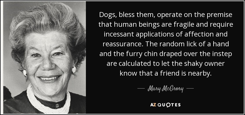 Dogs, bless them, operate on the premise that human beings are fragile and require incessant applications of affection and reassurance. The random lick of a hand and the furry chin draped over the instep are calculated to let the shaky owner know that a friend is nearby. - Mary McGrory