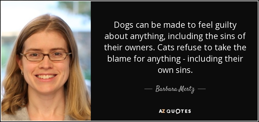 Dogs can be made to feel guilty about anything, including the sins of their owners. Cats refuse to take the blame for anything - including their own sins. - Barbara Mertz