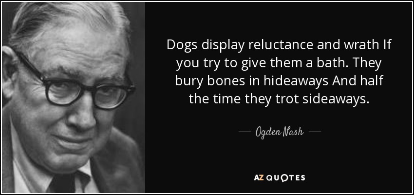 Dogs display reluctance and wrath If you try to give them a bath. They bury bones in hideaways And half the time they trot sideaways. - Ogden Nash