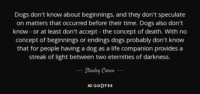 Dogs don't know about beginnings, and they don't speculate on matters that occurred before their time. Dogs also don't know - or at least don't accept - the concept of death. With no concept of beginnings or endings dogs probably don't know that for people having a dog as a life companion provides a streak of light between two eternities of darkness. - Stanley Coren