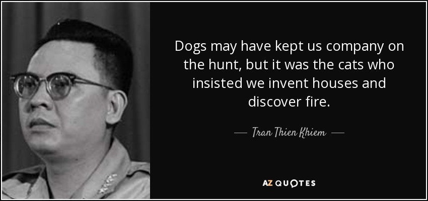 Dogs may have kept us company on the hunt, but it was the cats who insisted we invent houses and discover fire. - Tran Thien Khiem
