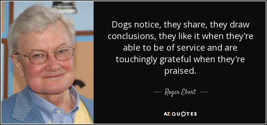 Dogs notice, they share, they draw conclusions, they like it when they're able to be of service and are touchingly grateful when they're praised. - Roger Ebert