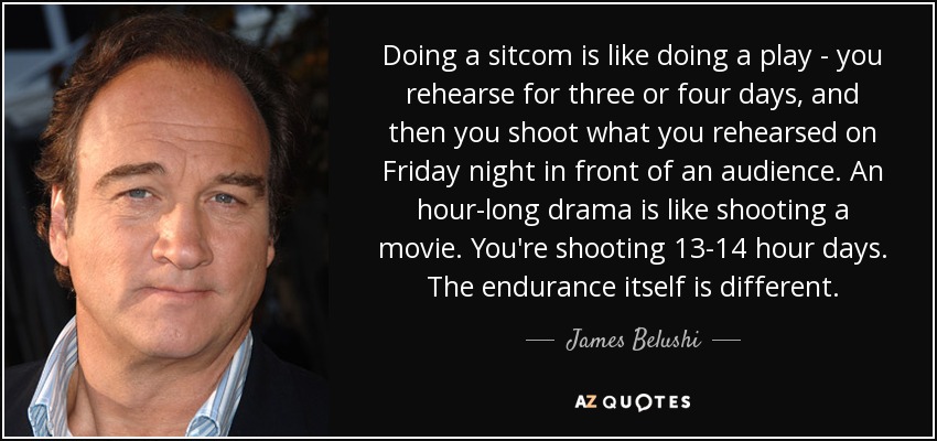 Doing a sitcom is like doing a play - you rehearse for three or four days, and then you shoot what you rehearsed on Friday night in front of an audience. An hour-long drama is like shooting a movie. You're shooting 13-14 hour days. The endurance itself is different. - James Belushi