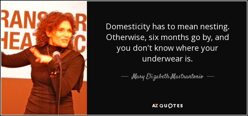 Domesticity has to mean nesting. Otherwise, six months go by, and you don't know where your underwear is. - Mary Elizabeth Mastrantonio
