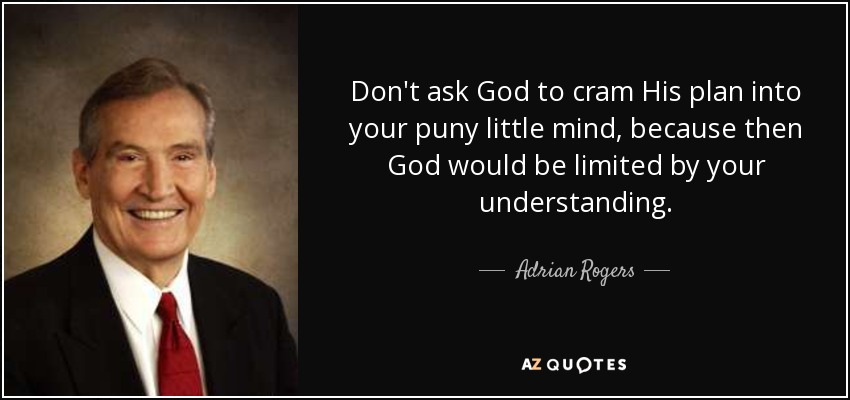 Don't ask God to cram His plan into your puny little mind, because then God would be limited by your understanding. - Adrian Rogers