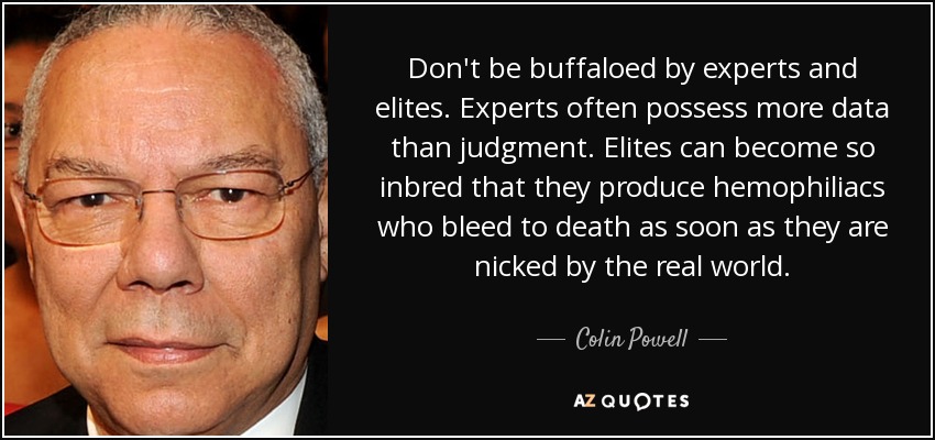 Don't be buffaloed by experts and elites. Experts often possess more data than judgment. Elites can become so inbred that they produce hemophiliacs who bleed to death as soon as they are nicked by the real world. - Colin Powell