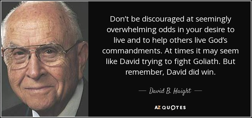 Don’t be discouraged at seemingly overwhelming odds in your desire to live and to help others live God’s commandments. At times it may seem like David trying to fight Goliath. But remember, David did win. - David B. Haight