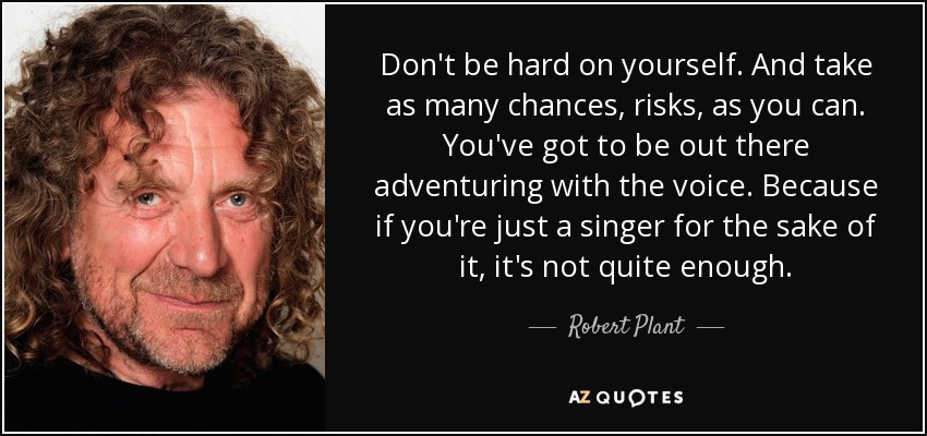 Don't be hard on yourself. And take as many chances, risks, as you can. You've got to be out there adventuring with the voice. Because if you're just a singer for the sake of it, it's not quite enough. - Robert Plant