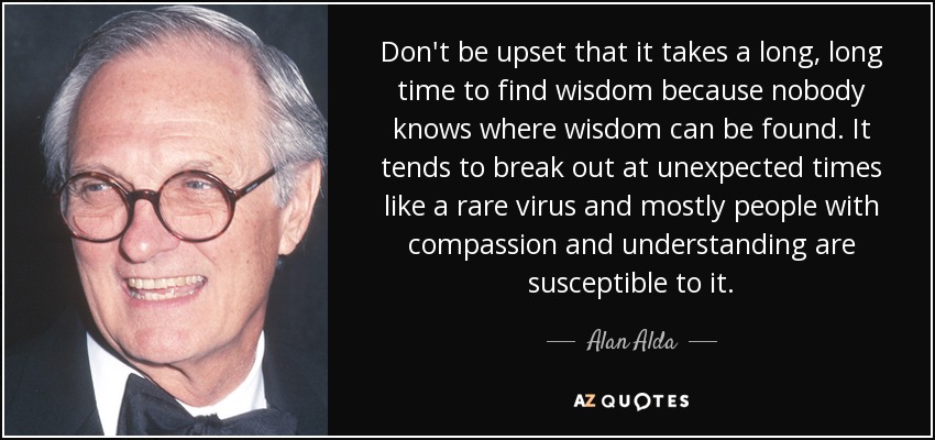 Don't be upset that it takes a long, long time to find wisdom because nobody knows where wisdom can be found. It tends to break out at unexpected times like a rare virus and mostly people with compassion and understanding are susceptible to it. - Alan Alda